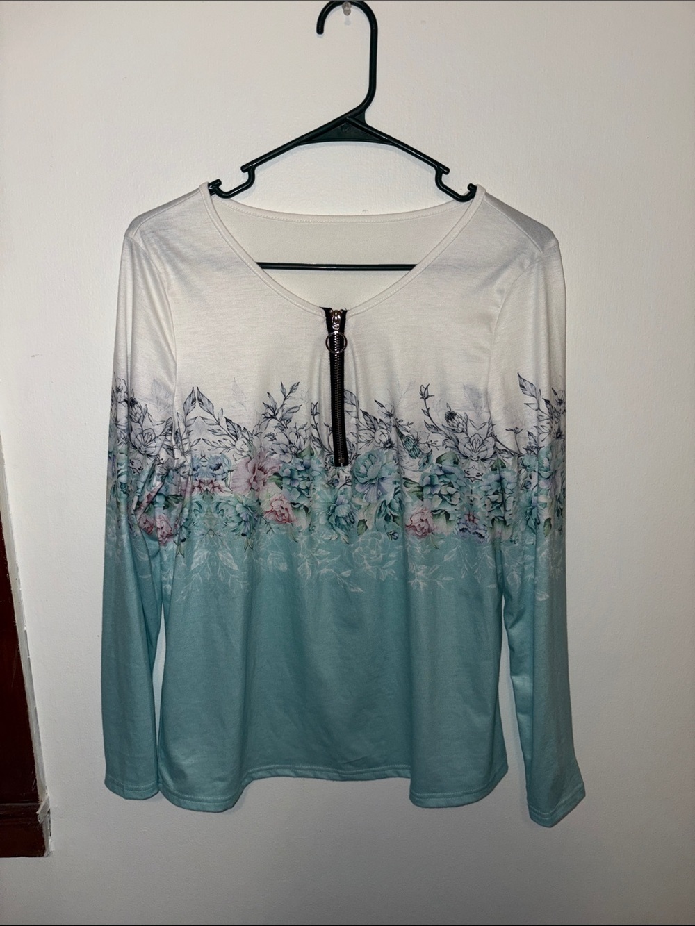 Women’s Ombre Floral Zip-Front Long Sleeve Top - Seafoam
